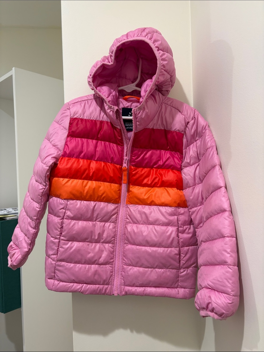 Kid’s Girls Primary Pink Hooded Puffer with Red and Orange Stripes